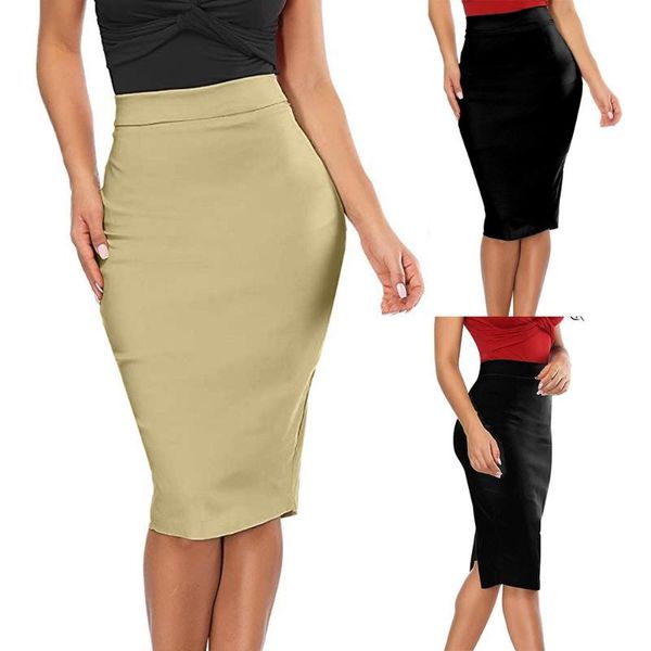 

skirts elastic pencil skirt womens high waisted stretch bodycon knee length office lady solid color faldas mujer moda, Black