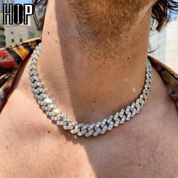 

chains hip hop 15mm 3 row baguette prong cuban iced out setting + cubic zirconia box buckle necklace bracelet for men jewelry, Silver