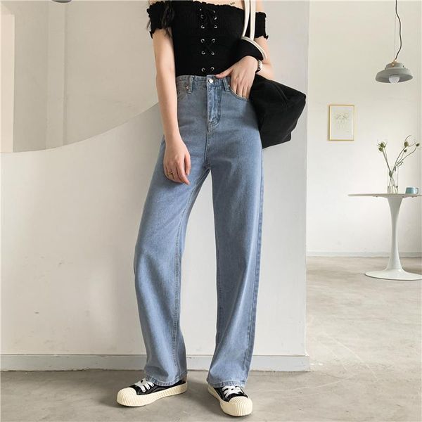 

women's pants & capris 2021 high waist fashion women clothes full length denim light blue pocket bit flare girl's jeans u640, Black;white