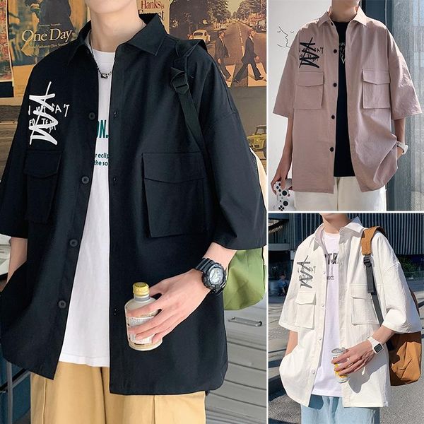 

men's casual shirts men solid color pockets short sleeve harajuku simple advanced all-match minimalist summer college style street, White;black