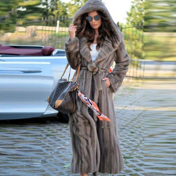 

women's fur & faux bffur 130cm long real mink coat with hood 2021 trendy natural overcoats luxury woman outwear, Black