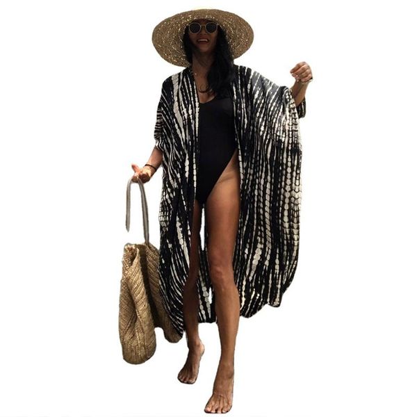 

women's swimwear bikini cover-ups self belted women summer kimono black retro striped dress beach wear swim suit swimsuit cover up, White;black