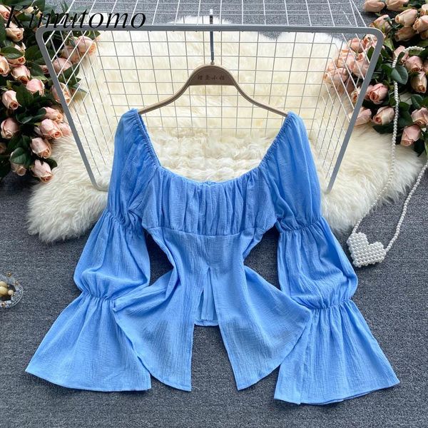 

women's blouses & shirts kimutomo casual fashion blouse women square collar long flare sleeve slim high waist split shirt female 2021 s, White