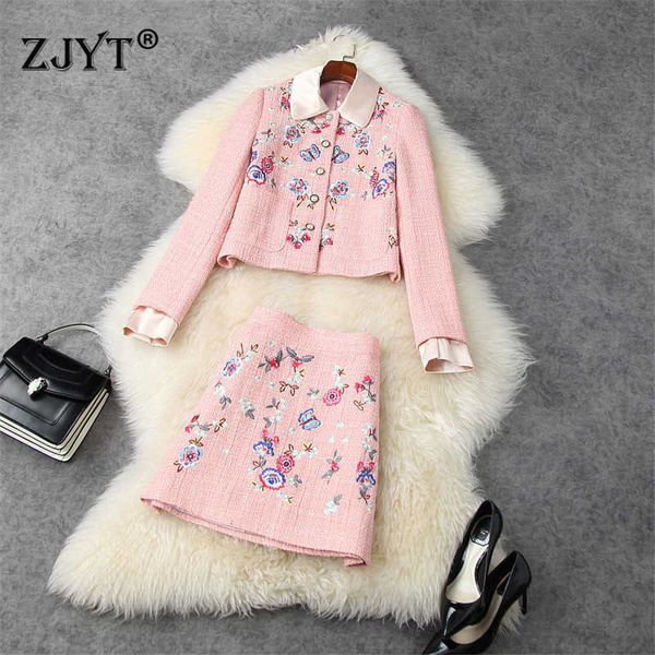 

runway fashion women sweet two piece outfit autumn winter designers floral embroidery woolen jacket and skirt suit matching sets 210601, White