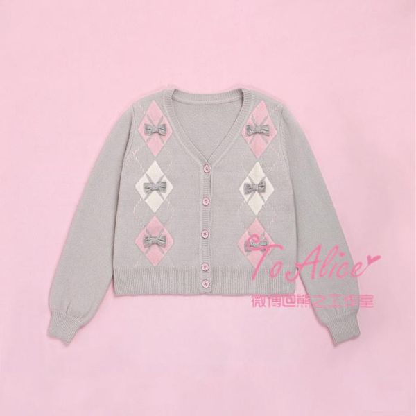 

women's knits & tees british style cute diamond checks bows winter cardigan long sleeve sweater warm japanese jk uniform color grey, White