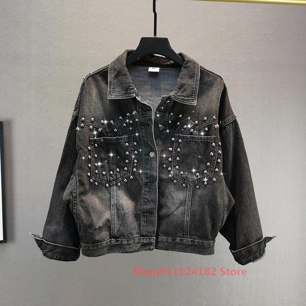 

women's jackets black cotton denim jacket autumn european station loose and thin heavy rivet long-sleeved top, Black;brown