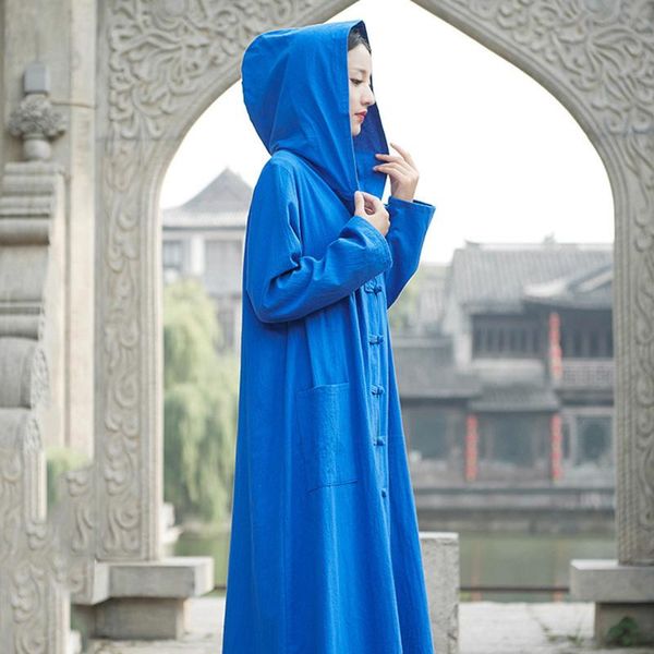 

women's trench coats nini wonderland spring autumn cotton linen 2021 women hooded long robe female solid loose outerwear nation style, Tan;black