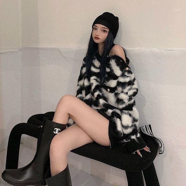 

women's sweaters black cow pattern knitted blouse for women, White;black