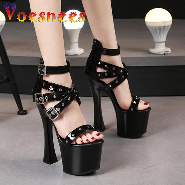 

sandals voesnees women summer custom rivet band 17.5cm wedding bridal shoes heel zipper 2021 nightclub girls size 43, Black