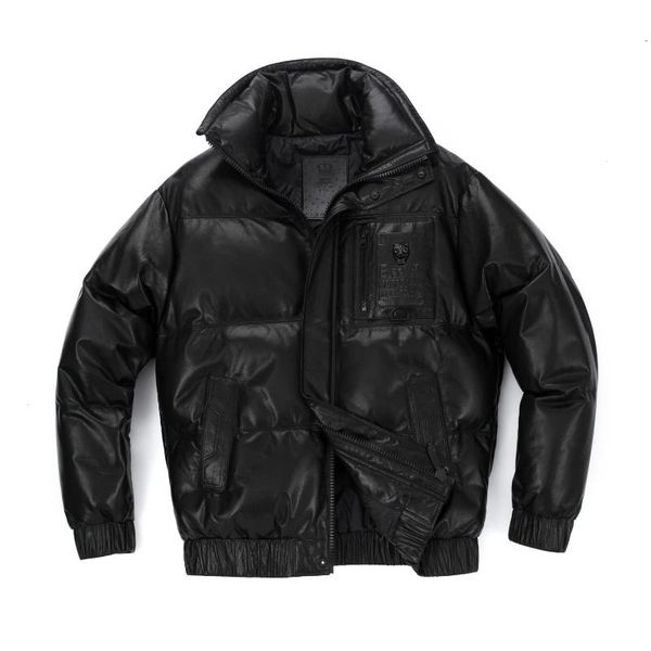

men's leather & faux black patched genuine down jacket