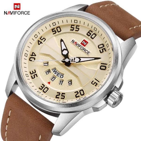 

wristwatches naviforce brand men sports watches quartz date clock leather strap military casual waterproof wrist watch relogio masculino, Slivery;brown