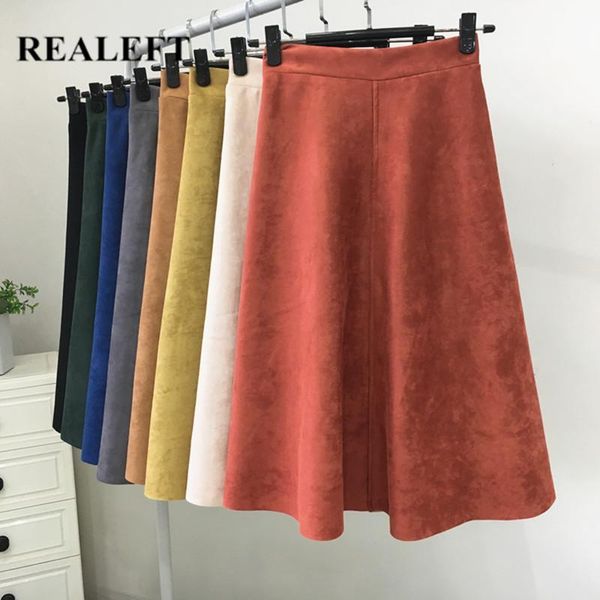

skirts realeft women's suede midi skirt winter vintage style high waist elastic ladies a-line flare fashion female 2021, Black