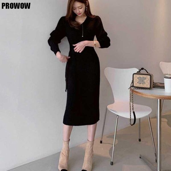 

one-piece women knitted dress korea elegant lace v-neck dresses 2021 winter women's long sleeve sweater knidress midi casual, Black;gray