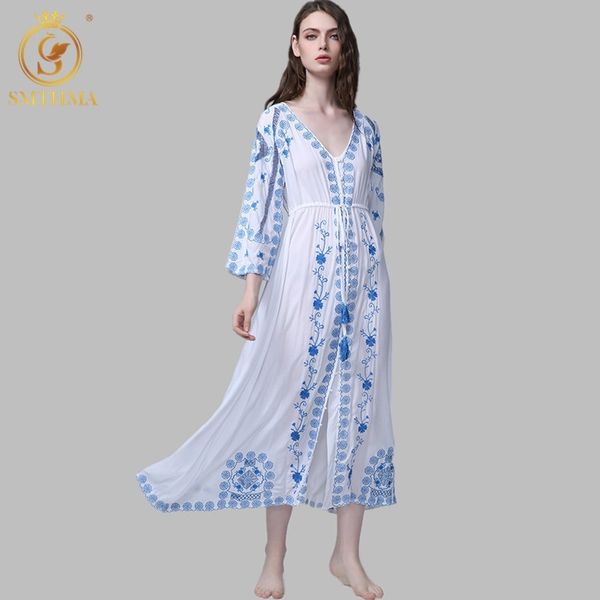 Ankunft Sexy V-ausschnitt Hohl Floral Stickerei Kleid Frauen Kimono Femme Elastische Taille Lange Robe Boho 210520