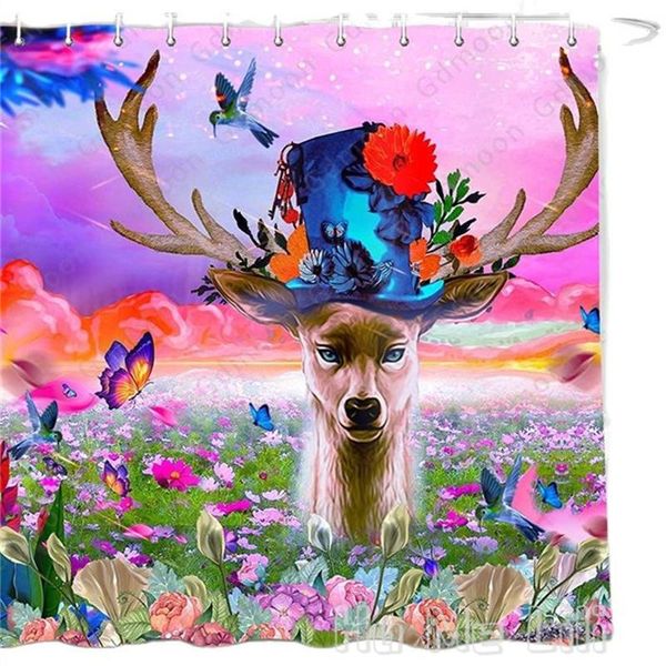 

shower curtains watercolor deer curtain by ho me lili jungle animal head sunset fantasy sky wonderland flowers landscape with hooks
