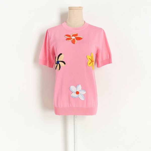

sweaters summer women flowers appliques sweaters korean o-neck short sleeve knitted pullover sweater black pink white a16, White;black
