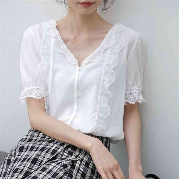 

elegant v neck women prom white shirts blouse summer gentle single-breasted female workwear blusas 210601