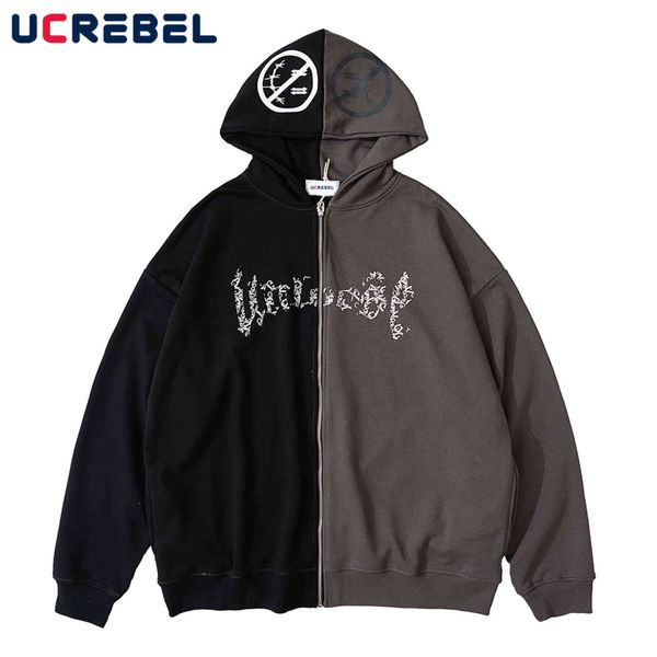 

men's hoodie, embossed, street clothes, loose long sleeved jacket, autumn, contrast panel, Black