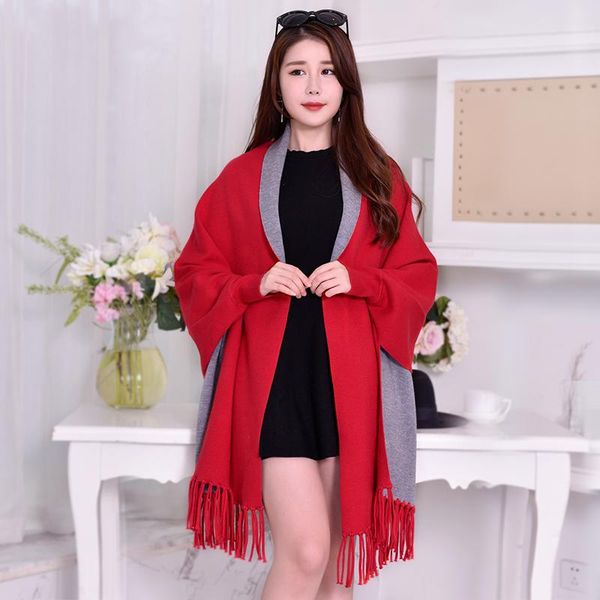 

scarves women red shawl capes 2021 wearable shawls and wraps for ladies winter warm scarf thick pashmina reversible poncho, Blue;gray
