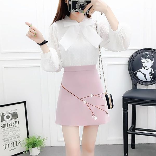 

summer women chiffon polka dot blouse + printed elegant skirt 2 piece set female two suit outfits b18 dress, White