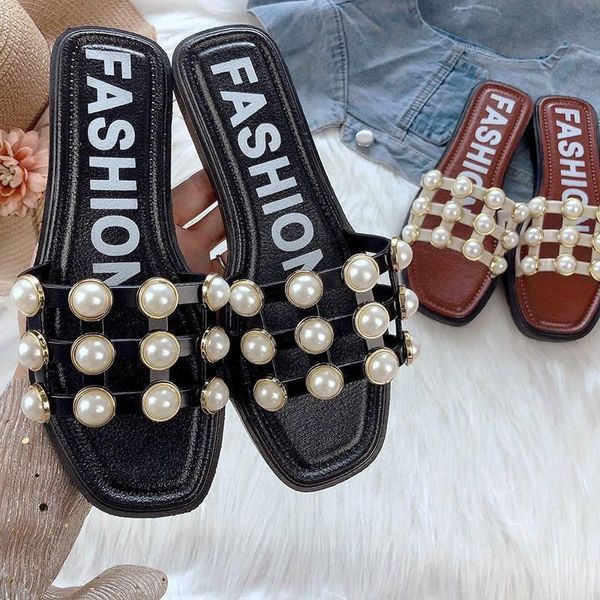 

slippers summer women slipper string bead low heels ladies sandals casual, Black