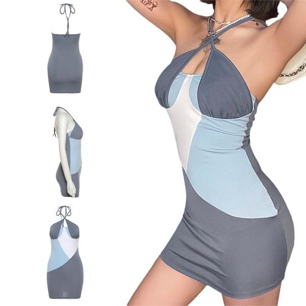 

casual dresses 2021 fashion halter bandage dress contrast color skinny backless short for party, Black;gray