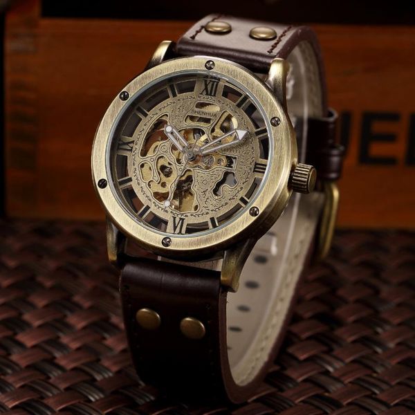 

vintage bronze automatic watches men skeleton brown leather strap mechanical male clock relogio masculino mens wrist wristwatches, Slivery;brown