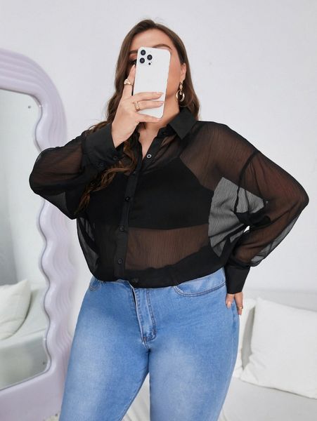 

plus sheer button front high low blouse without bra g9an#, Black