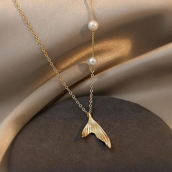 

pendant necklaces yaologe 2021 festival pearl thin link chain necklace for women gold color fish tail fashion jewelry collares, Silver
