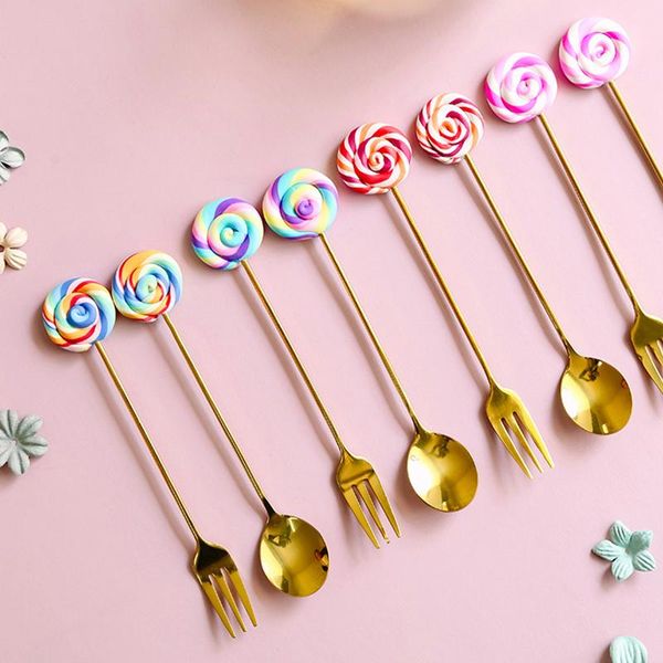 

forks donut lollipop fork spoon 304 stainless steel dessert fruit honey coffee stirring kid cutlery dinnerware accessories
