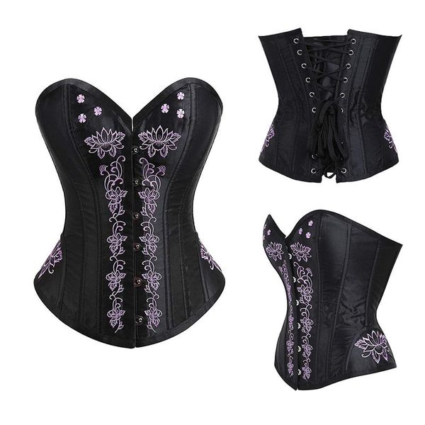 

bustiers & corsets women black overbust corset steampunk steel boned slimming waist corselet embroidery floral lace up bustier lingerie, Black;white