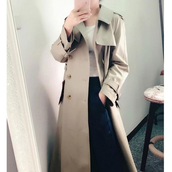 

women's trench coats [ewq] autumn 2021 ladies mid-length turn down collar solid color double-breasted simple slim belt windbreaker wome, Tan;black