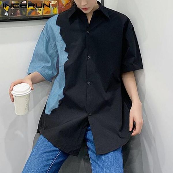 

fashion men patchwork shirt brand turn down collar streetwear button short sleeve blouse 2021 loose casual camisas s-5xl incerun men's, White;black