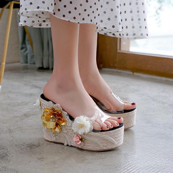 

slippers 12cm wedge high heel sandals super platform floret, Black