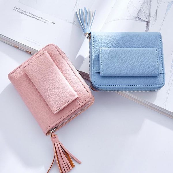 

wallets sale pu leather women girls tassel solid color litchi pattern short purse small cute holder for #15, Red;black