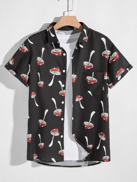 

men mushroom print button front shirt without tee m73v#, White;black
