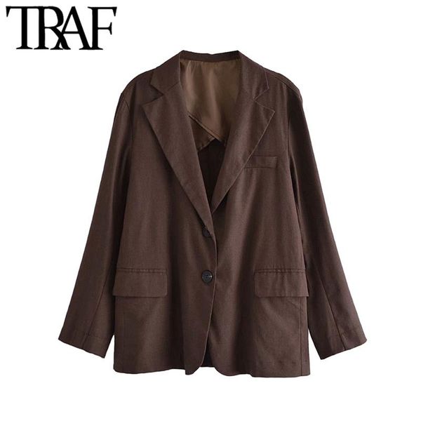 

women's suits & blazers traf women fashion with vents oversized linen blazer coat vintage long sleeve flap pockets female outerwear chi, White;black
