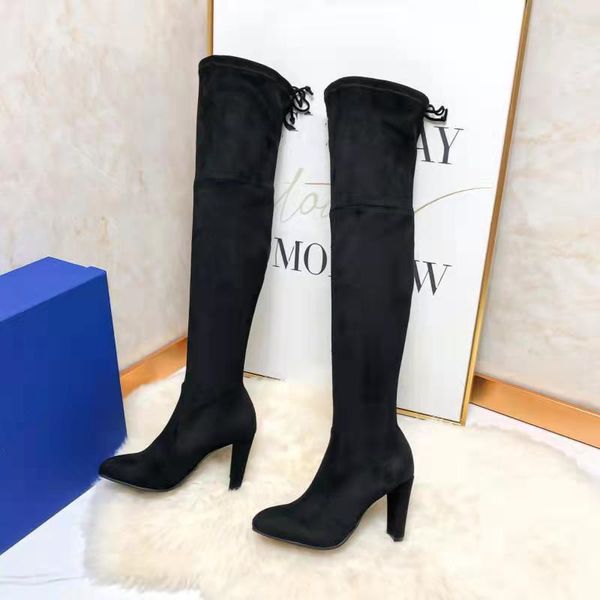 2021 designers de luxo coxa-alta botas de couro elástico de couro confortável mulheres saltos altos por cima do joelho botas de moda festa senhoras casuais sapatos