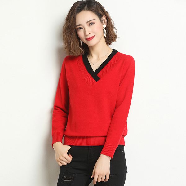 

women's knits & tees size s-5xl cashmere sweater women autumn winter casual fashion v-neck long sleeve basic loose knitted pullove, White