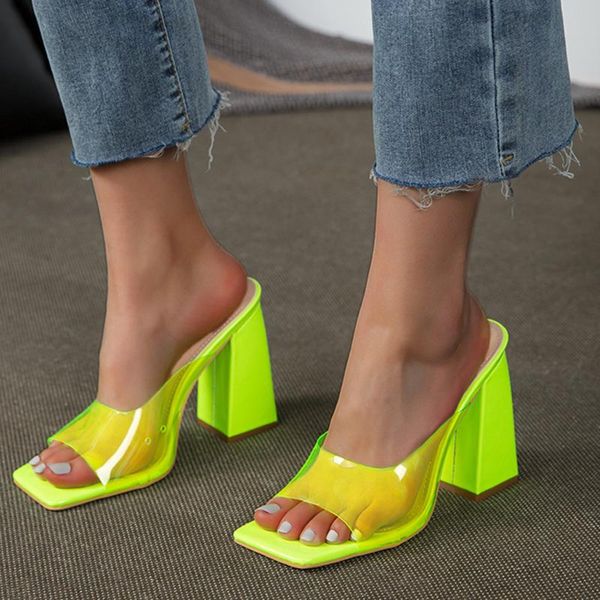 

sandals women transparent ladies high heel slippers candy color open toes thick fashion female slides summer shoes, Black