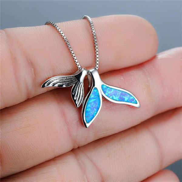 

luxury female blue fire opal pendant necklace silver color chain necklaces for women cute mermaid tail wedding