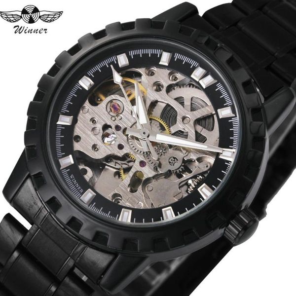 

military fashion automatic wrist watches steel watchband skeleton dial luminous hands black watch wristwatches, Slivery;brown