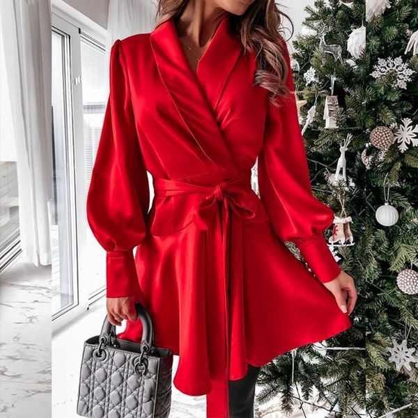 

casual dresses women's autumn dress fashion trend commuting style solid color long lantern sleeves lace-up waist slimming, Black;gray