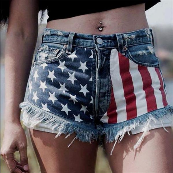 

women's jeans summer women vintage high waist tassel flag print shorts casual hip hop female loose fit blue y2k denim