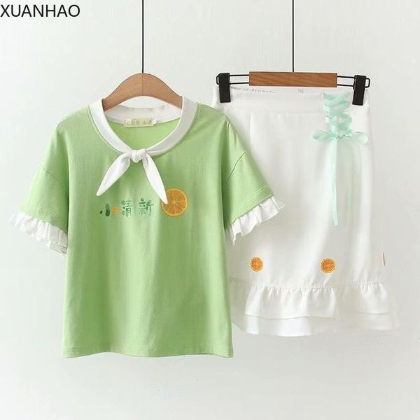 

summer women sets s-xl 2 piece set flower print cotton bow-tie t shirts and hight waist lace up mini pleated skirts two dress, White