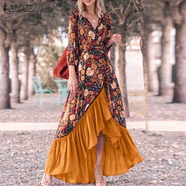 

women bohemian dress casual patchwork ruffle maxi vestidos autumn lace up robe femme ladies print v neck party 5xl dresses, Black;gray