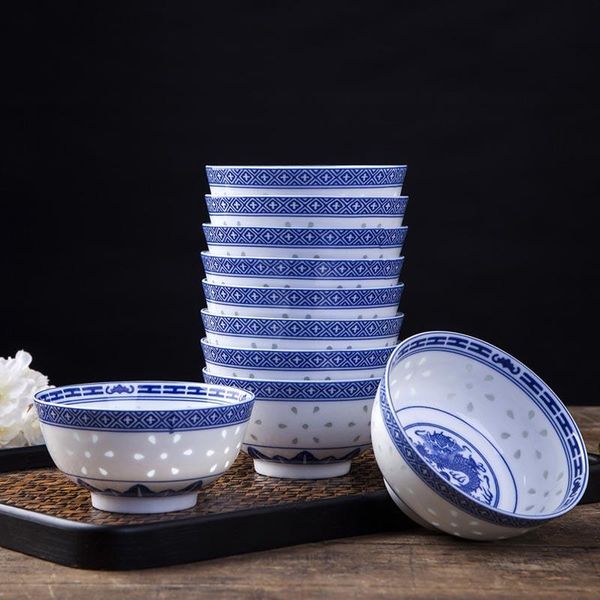 4,5-дюймовый рисовый чаша Jingdezhen Blue и белый фарфоровый посуда Китайский дракона посуда керамические рамен суповые чаши держатель