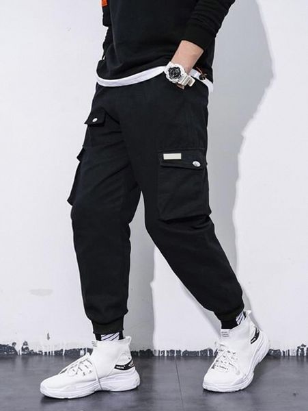 

men patched detail flap pocket side drawstring waist pants x7xa#, Black
