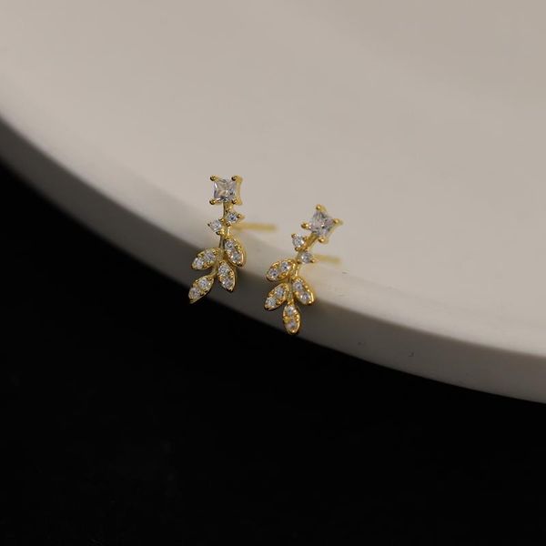 

stud s925 sterling silver 14k gold plated zircon leaves earrings korean flower plant, Golden;silver