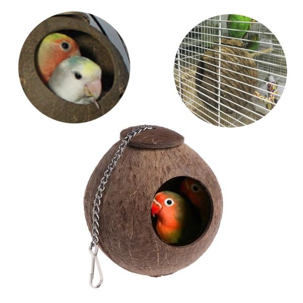 

pet coconut shell bird parrot nest house hut cage feeder toy with chain budgie parakeet cockatiel conure hideaway husk cages